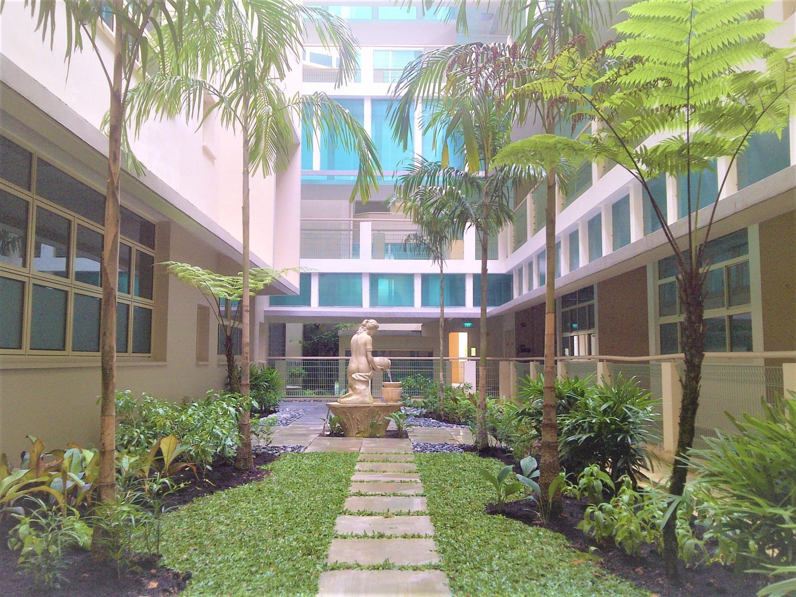 Planted courtyard with palms, tree ferns and a stone fountain